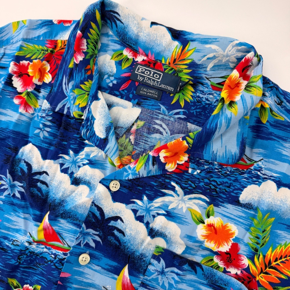 Polo Ralph Lauren Caldwell Shirt Mens XXL Blue Tropical Hawaiian Rayon Sailboat